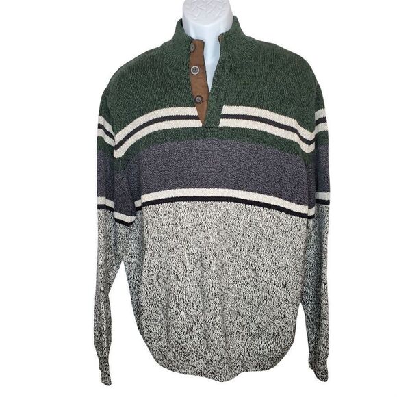NEW Chaps Mock Button Neck Pull Over Heavy Cotton Sweater Green Black XL - Picture 1 of 5